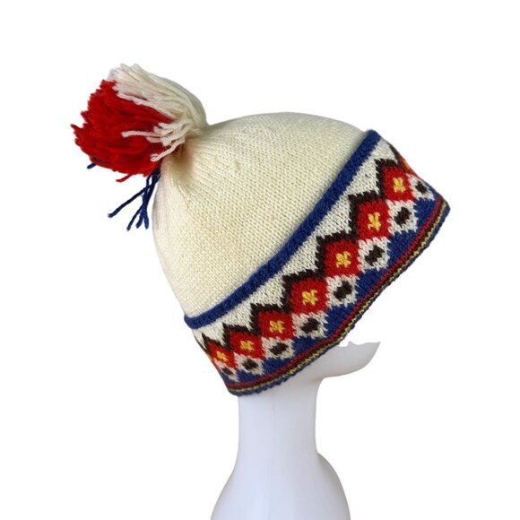 Handmade White & Multicolor Wool Knit Pom Pom Winter Hat With Fair Isle Pattern - Picture 2 of 6